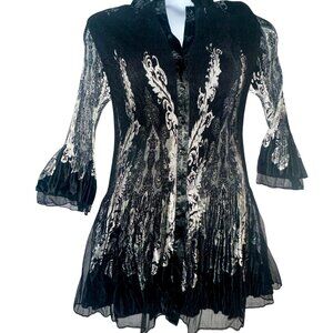 Lindi Womens Black & White Lace Overlay Victorian Tunic Blouse Mini-dress Size M